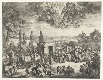 İspanya Kralı II. Charles bir arabanın yanında diz çöküyor by Romeyn de Hooghe