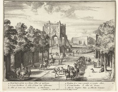 Enghien parkında bir köşke giden cadde Enghien parkı (Enghien) (dizi başlığı) by Romeyn de Hooghe