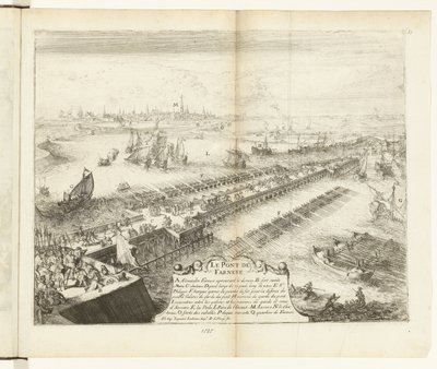 Scheldt üzerindeki Parma nefli köprü, 1585 Le Pont de Farnese (nesne üzerindeki başlık) Guerres de Flandres (dizi adı) by Romeyn de Hooghe