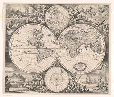 Dört elementin bir alegorisiyle dünya haritası Nova totius terrarum orbis tabula (nesne üzerindeki başlık) by Romeyn de Hooghe
