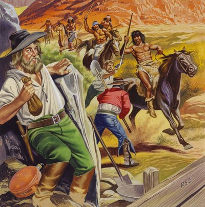 Jacob Waltz ve arkadaşı Apaçi Kızılderilileri tarafından saldırıya uğruyor (kağıt üzerine guaj) by Ron Embleton