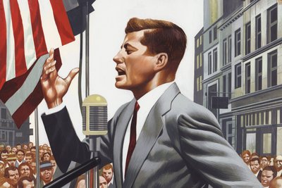 John Kennedy konuşuyor (kağıt üzerine guaj) by Ron Embleton
