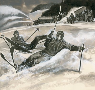 Kayakçılar ve kar makineleri by Ron Embleton