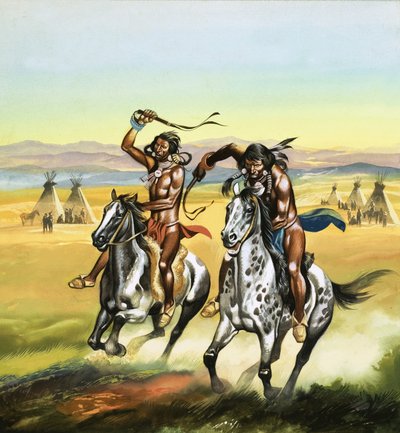 Atlarını kamçılayan kimliği belirsiz Kızılderililer by Ron Embleton