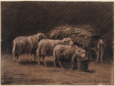 Bir ahırda bir çift koyun ve bir koç by Rosa Bonheur
