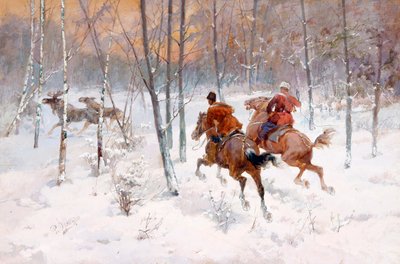 Elk Hunting - Elk Hunting by Frenz, Rudolf Ferdinandovich (1831-1918), - Suluboya, Kağıt üzerine guaj, 39,5x60 - Özel Koleksiyon by Rudolph Frenz