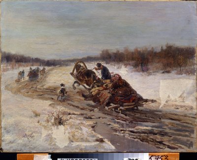 Şişman günler (Shrovetide). Bir kızakta şarkı söyleyip gülümseyen bir erkek ve bir kadın. Yağın yendiği Lent