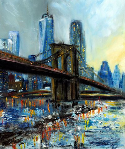 Brooklyn Köprüsü Manhattan manzarası, 2022 (tuval üzerine yağlıboya) by Ruslana Levandovska