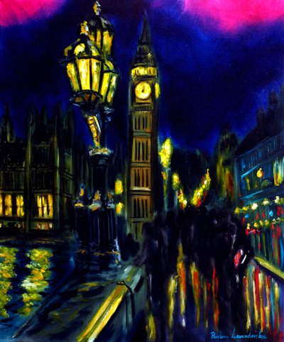 Akşam Londra Westminster Köprüsü Manzarası, 2025 (tuval üzerine yağlıboya) by Ruslana Levandovska