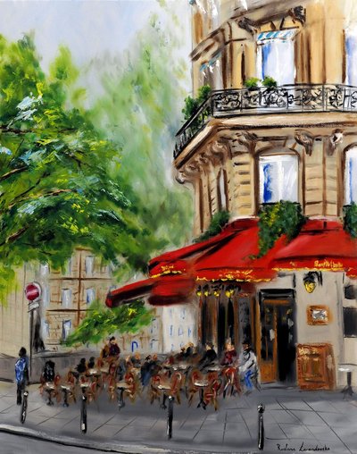 Paris Corner Cafe - altın süslemeli, 2023 (tuval üzerine yağlıboya) by Ruslana Levandovska