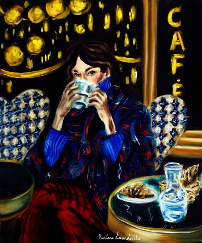 Paris Terasında Kadın, 2025 (tuval üzerine yağlıboya) by Ruslana Levandovska