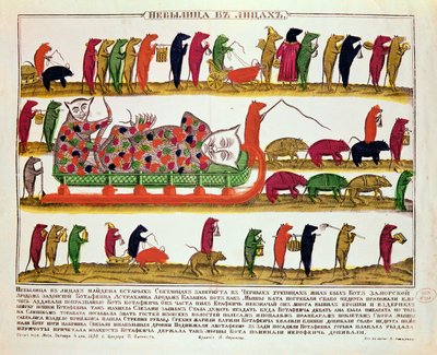 Fareler tarafından bir kedinin gömülmesi, Çar Büyük Petro (1672-1725) 1850 karikatürü by Russian School