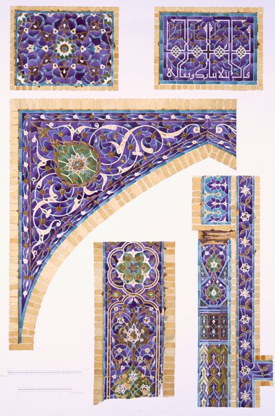 Mavi, yeşil ve krem renginde, altın anahatlı dekoratif çini işi, pub. 1905. by Russian School