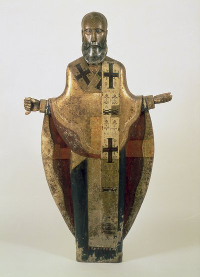 Mozhaisk Aziz Nikolaos heykeli, Rus, 16. yüzyılın sonları (ahşap, süslü brokar, gesso, tempera) by Russian School