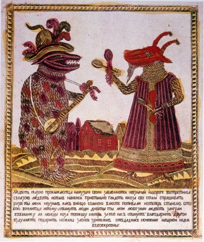 Bir ayı ve bir keçi hakkında bir hikayenin geleneksel renkli gravür çizimi. Rus c.1830 (gravür) by Russian School