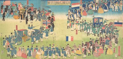 Beş Ülkeden İnsan Alayı: Hollanda, Rusya, Fransa, İngiltere ve Amerika, 1861., by Sadahide Utagawa