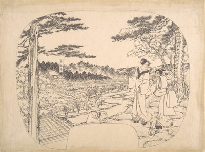 Manzaraya Bir Bakış Noktasından Hayran İki Kadın... Zenpukuji Tapınağı, 19. yüzyıl. by Sadahide Utagawa