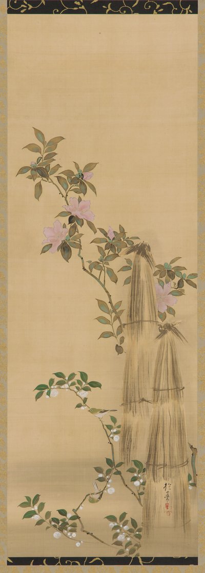 Pembe ve beyaz çiçekler ve hasır örtüler, Edo dönemi, 1761-1828. by Sakai Hoitsu