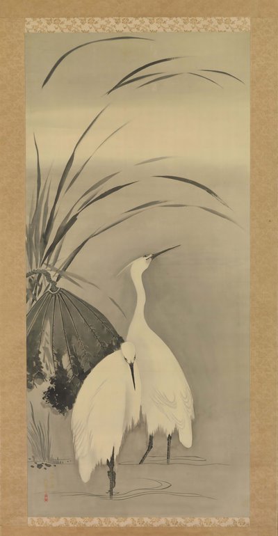 İki Ak balıkçıl ve Lotus, 1761-1828. by Sakai Hoitsu