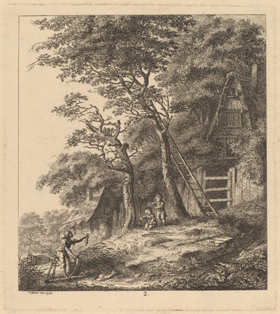 Sazdan Kulübeler Olan Bir Manzarada Bir Balıkçı ve İki Çocuk, 1764. by Salomon Gessner