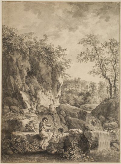 Bir dere ile kayalık manzara. Ön planda boru düdüğü olan genç bir adam ve genç bir kadın. by Salomon Gessner
