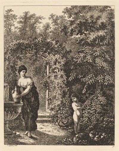 Putto Çeşmede Bir Kızı Ziyaret Eder, 1771. by Salomon Gessner