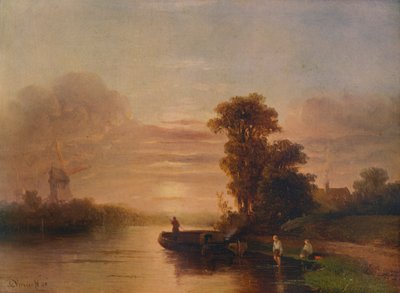 Nehirde Gün Batımı, Yel Değirmeni ve Kulübe ile, 1848, 1938 by Salomon Leonardus Verveer