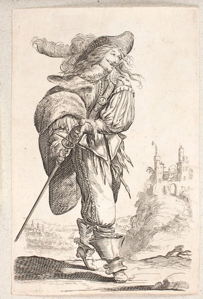 Yürüyen adam, dörtte üç profilli t.h., leşi kalçasından kavrayan. Arka planda bir kale by Salomon Savery
