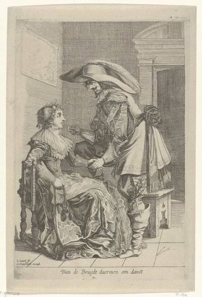 Adam bir kadına bozuk para teklif ediyor Dats de Bruydt daermen om danst (nesne üzerindeki başlık) by Salomon Savery