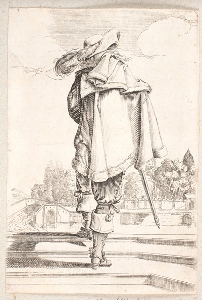 Üç basamaklı uçuş yukarı yürürken arkadan görülen adam by Salomon Savery