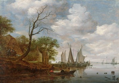 Yelkenli Teknelerin Kıyıda Boşaltıldığı Nehir Manzarası (panelde yağlı boya) by Salomon van Ruisdael or Ruysdael