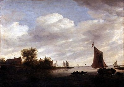 Yelkenli gemilerle nehir ağzı (panelde yağ) by Salomon van Ruisdael or Ruysdael