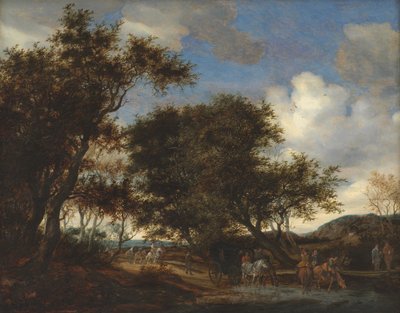 Atlarını Sulayan Gezginlerle Manzara by Salomon van Ruysdael