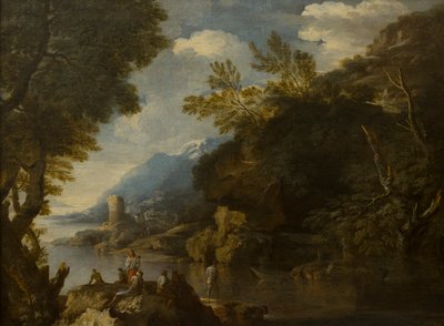 Figürler ve kayıklarla manzara, c.1635-73 (tuval üzerine yağlı boya) by Salvator (follower of) Rosa