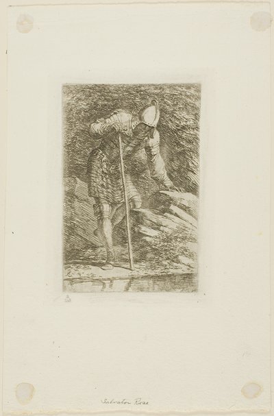 Bir Mağarada Tam Zırhlı Bir Savaşçı by Salvator Rosa