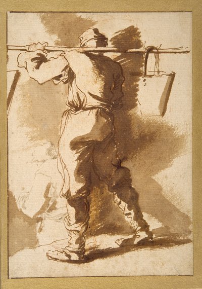 Bir su taşıyıcısının arkadan görünümü, onun ötesinde başka bir figür (kağıt üzerinde tebeşir üzerine yıkamalı kalem ve mürekkep) by Salvator Rosa