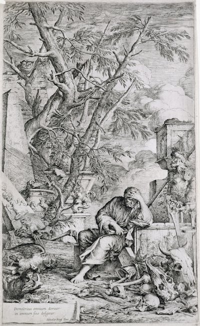 Meditasyonda Demokritos (gravür) by Salvator Rosa