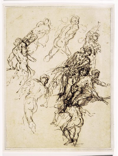 Şiddetle sağa doğru hareket eden erkek figürler için eskizler by Salvator Rosa