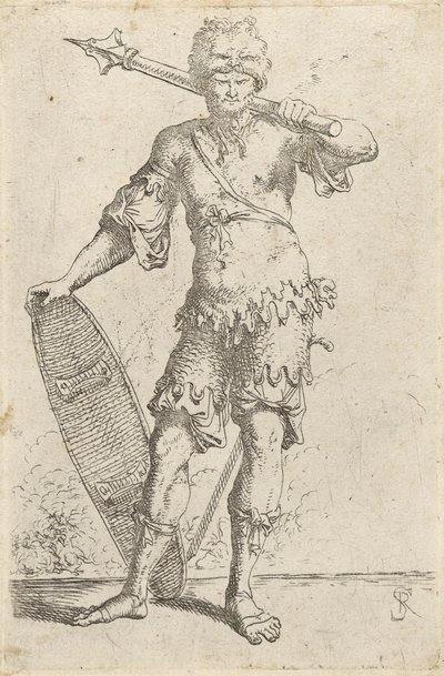 Ayakta Duran Egzotik Savaşçı Aslan Başlı Şapka Takıyor, Elinde Topuz ve Kalkan Tutuyor, c.1656-57 (döşemiş kağıt üzerine gravür) by Salvator Rosa