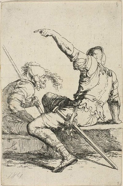 Alçak Kayalarda Oturan İki Savaşçı by Salvator Rosa