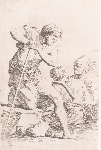 Oturan iki adam ve bir kayanın üzerinde diz çökmüş bir asa tutan başka bir adam, seriden..., ca. 1656-1657. by Salvator Rosa