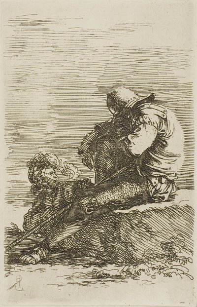 İki savaşçı, biri ön plandaki kayanın üzerinde oturmuş uyuyor, Figurine serisinden by Salvator Rosa