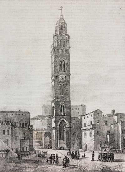 Gaeta katedralinin çan kulesi, Lazio, İtalya, Pasquale Mattei (1813-1879) tarafından çizildikten sonra Salvatore Puglia tarafından litografi, Poliorama Pittoresco'dan, n 48, 6 Temmuz by Salvatore Puglia