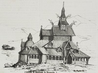 Borgund Stave Kilisesi, Norveç, Poliorama Pittoresco'dan Salvatore Puglia tarafından litografi, n 40, 14 Mayıs by Salvatore Puglia