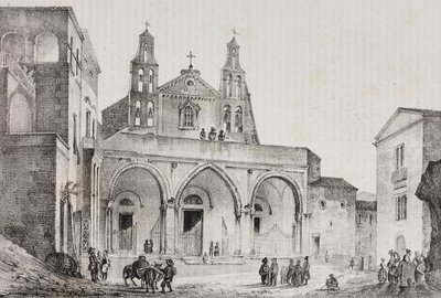 Sessa Aurunca Katedrali'nin cephesi, Campania, İtalya, Poliorama Pittoresco'dan Pasquale Mattei (1813-1879) tarafından çizildikten sonra Salvatore Puglia tarafından litografi, n 42, 24 Mayıs by Salvatore Puglia