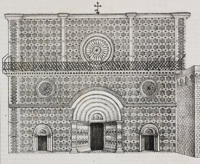 Santa Maria di Collemaggio bazilikası cephesi, L'Aquila, Abruzzo, İtalya, Poliorama Pittoresco'dan Salvatore Puglia tarafından litografi, n 32, Mart 15 by Salvatore Puglia