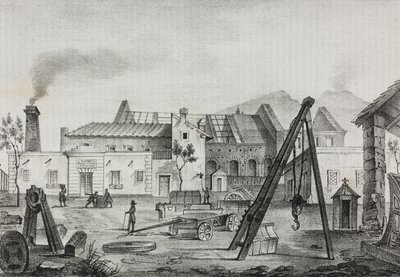 Pietrarsa, Campania, İtalya'daki kraliyet mekanik fabrikası (Royal Mechanical Factory), Poliorama Pittoresco'dan Gaetano Riccio tarafından litografi, n 39, 7 Mayıs by Salvatore Puglia