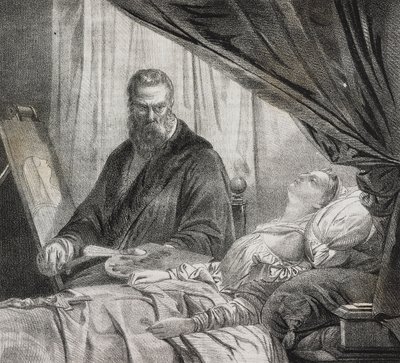 Tintoretto ölen kızını resmediyor, Poliorama Pittoresco'dan Salvatore Puglia'nın litografisi, n 27, 10 Şubat by Salvatore Puglia