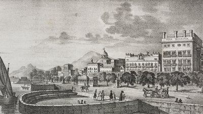 Bourbon forumu ve Trinacria otelinin görünümü, Palermo, Sicilya, İtalya, Poliorama Pittoresco'dan Di Giovanni'nin gravüründen sonra Salvatore Puglia tarafından litografi, n 37, 19 Nisan by Salvatore Puglia