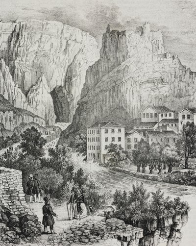 Fontaine-de-Vaucluse'un görünümü, Fransa, Poliorama Pittoresco'dan Sardi'nin litografisi, n 51, 30 Temmuz by Salvatore Puglia
